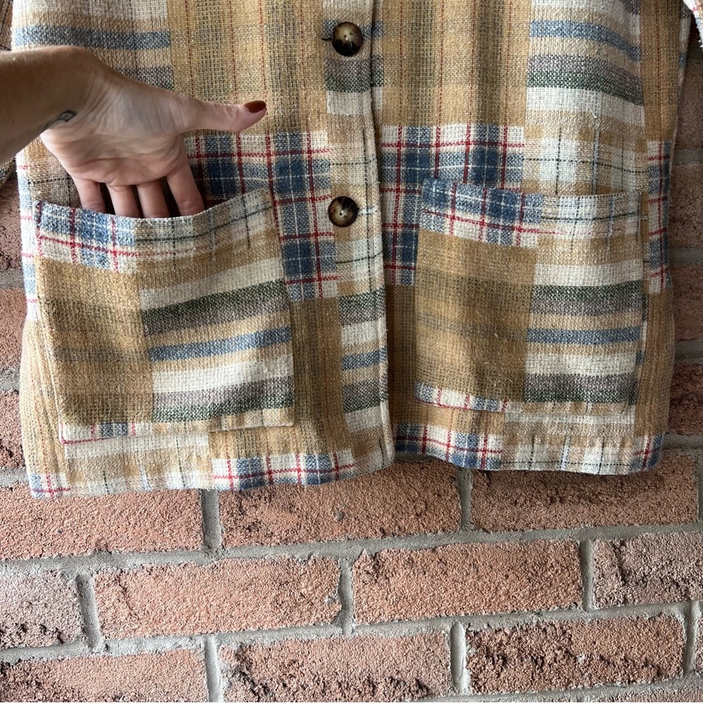 DALMYS | Cream, tan, & blue checked plaid rare vintage shacket jacket coat - Picture 3 of 12